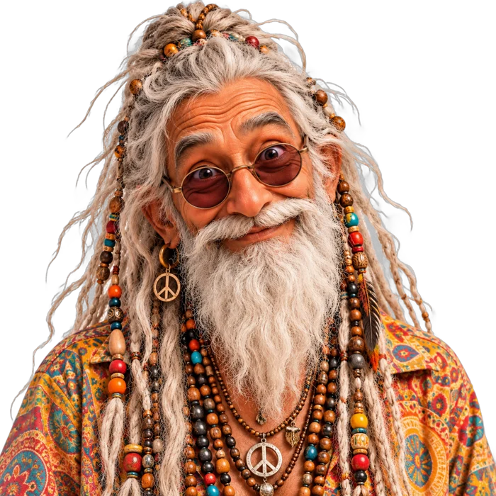 Hippie Habul, a smiling old hippie with beaded grey dreadlocks and round glasses