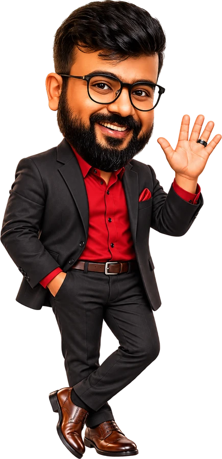 Caricature of Soumya Dutta (Sam), founder of Digital SAMUROI, in a black suit, waving